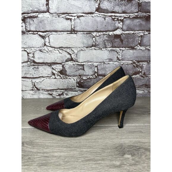 Manolo Blahnik Grey Wool Fabric Burgundy Pointed Toe Heels Women Sz 39.5EU/9M US - Picture 1 of 16
